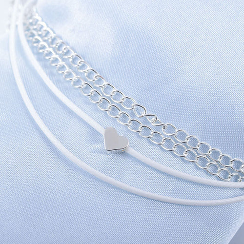 Dual Silver Chain & Cord Heart Pendant Anklet