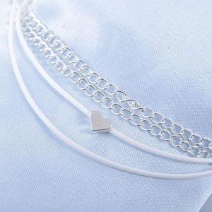 Dual Silver Chain & Cord Heart Pendant Anklet