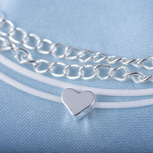 Dual Silver Chain & Cord Heart Pendant Anklet