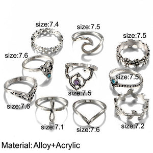 10-piece Antique Silver Ring Set - Maui Kitten Beachwear